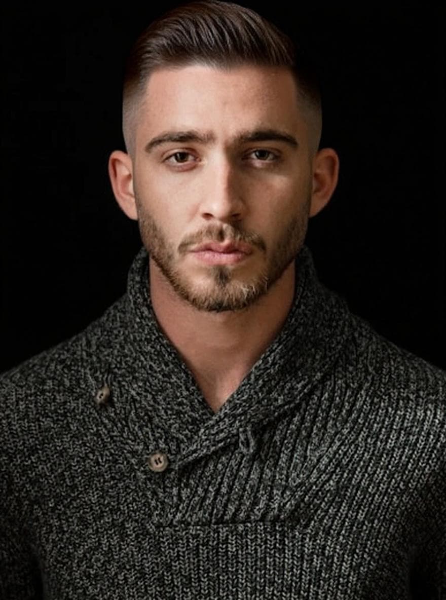 AI preview — the same man with a sharp tapered crop and textured top