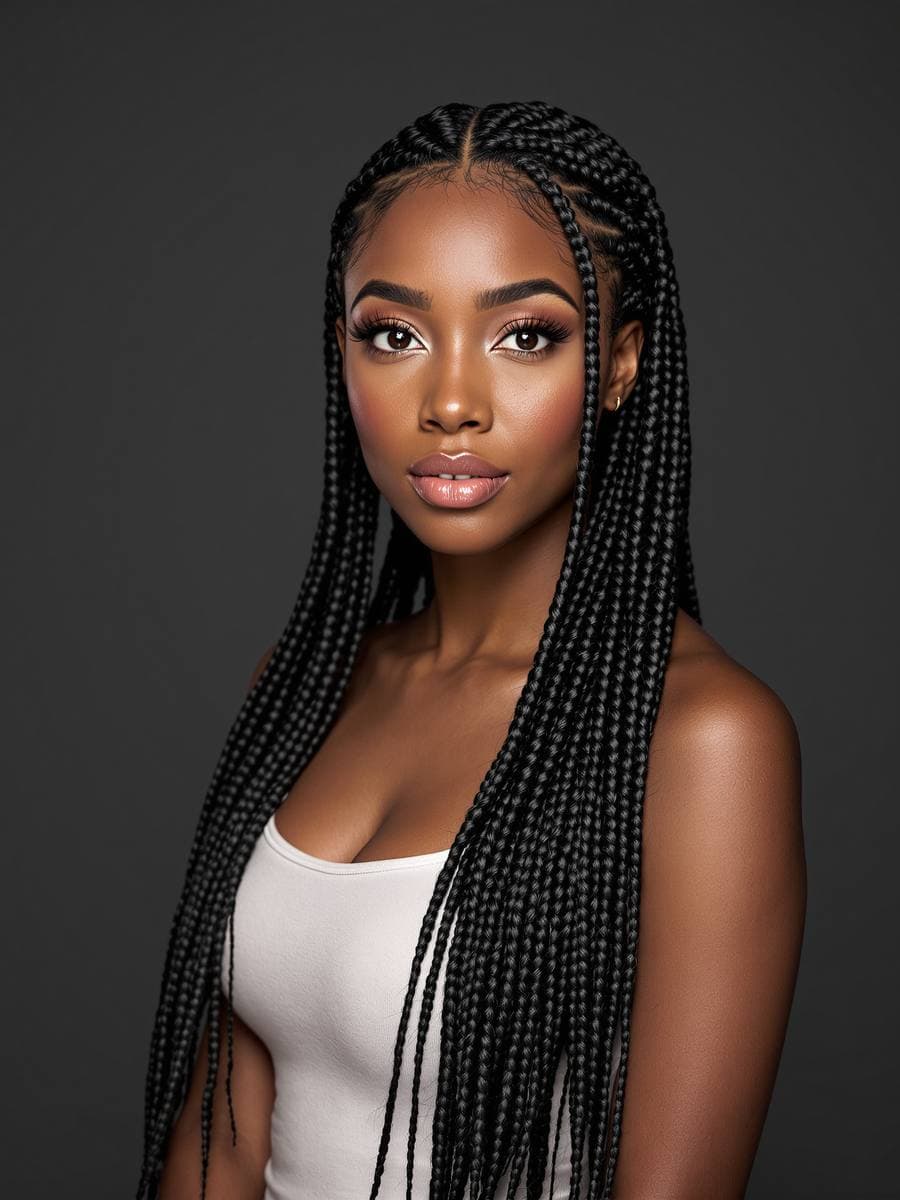 Long box braids cascading past shoulders
