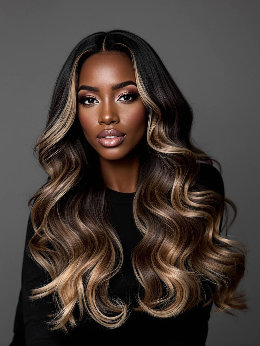 Balayage waves with caramel highlights